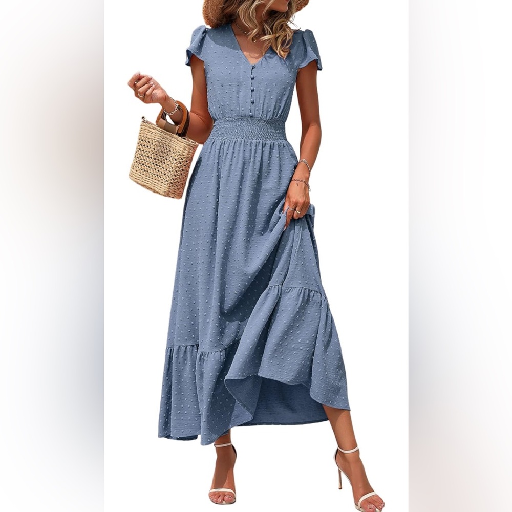 PRETTYGARDEN Womens Dresses 2026 Summer Maxi Dress Boho Short Sleeve V Neck - Picture 2 of 3